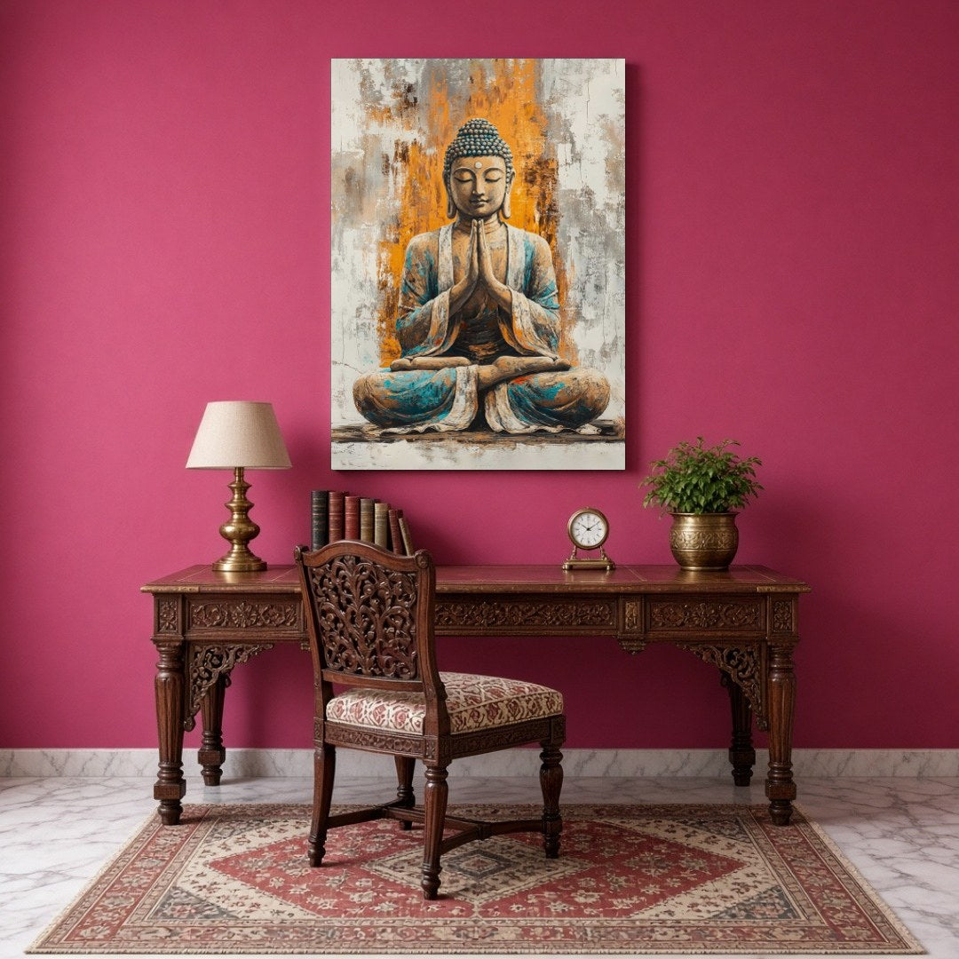 Immerse yourself in the calming presence of our 'Harmonious Buddha' artwork, featuring a seated for Study