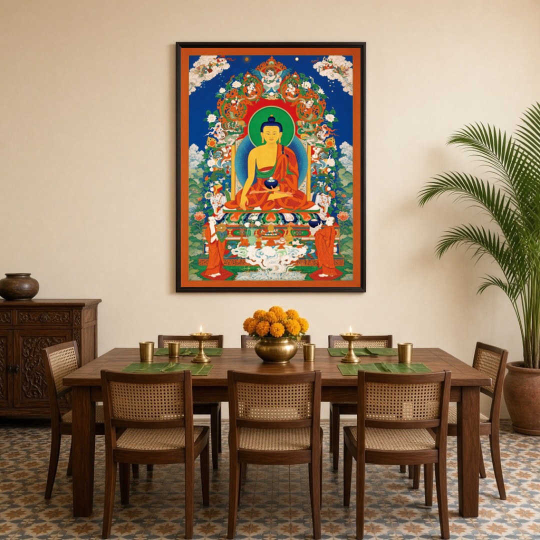 Immerse yourself in tranquility with this exquisite Tibetan Thangka artwork depicting the serene for Dining