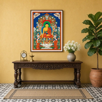 Immerse yourself in tranquility with this exquisite Tibetan Thangka artwork depicting the serene for Entrance