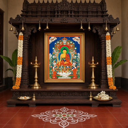 Immerse yourself in tranquility with this exquisite Tibetan Thangka artwork depicting the serene for Home Temple