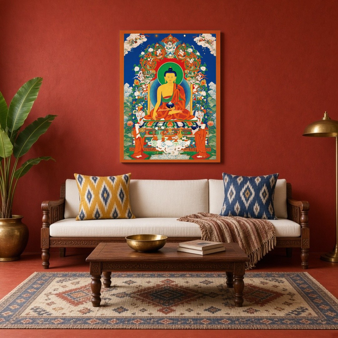 Immerse yourself in tranquility with this exquisite Tibetan Thangka artwork depicting the serene for Living Room