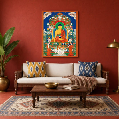Immerse yourself in tranquility with this exquisite Tibetan Thangka artwork depicting the serene for Living Room