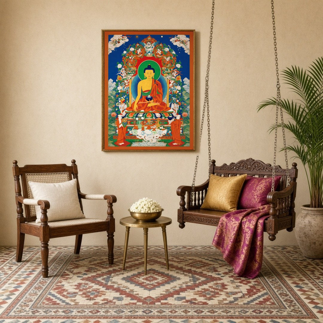 Immerse yourself in tranquility with this exquisite Tibetan Thangka artwork depicting the serene for Sitting Lounge