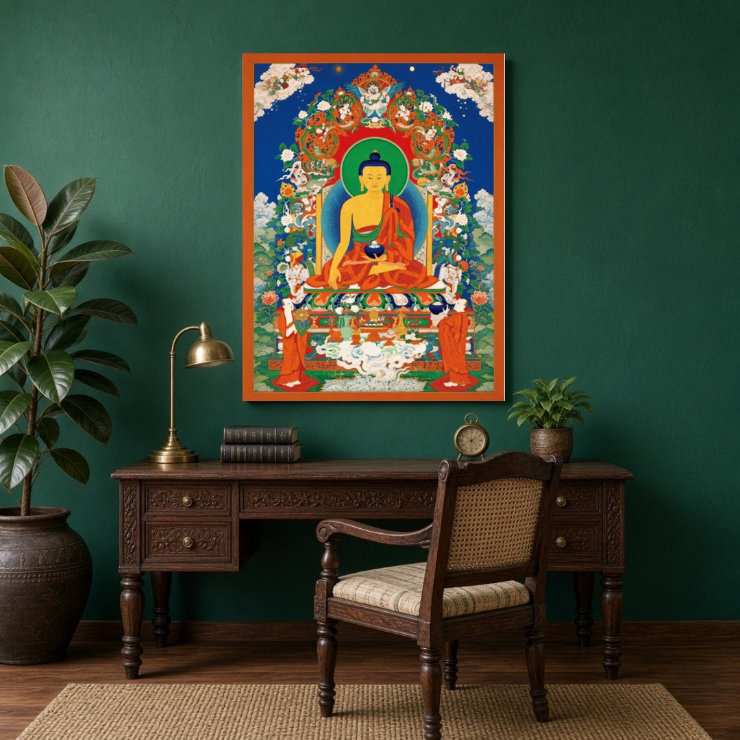 Immerse yourself in tranquility with this exquisite Tibetan Thangka artwork depicting the serene for Study