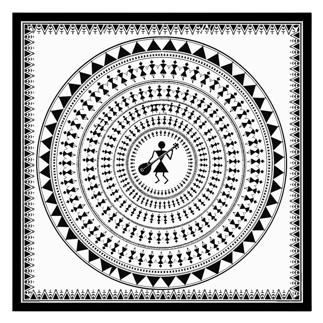 This captivating Warli art print features a central figure with a musical instrument, encircled by for decor