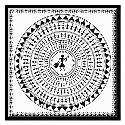 This captivating Warli art print features a central figure with a musical instrument, encircled by for decor