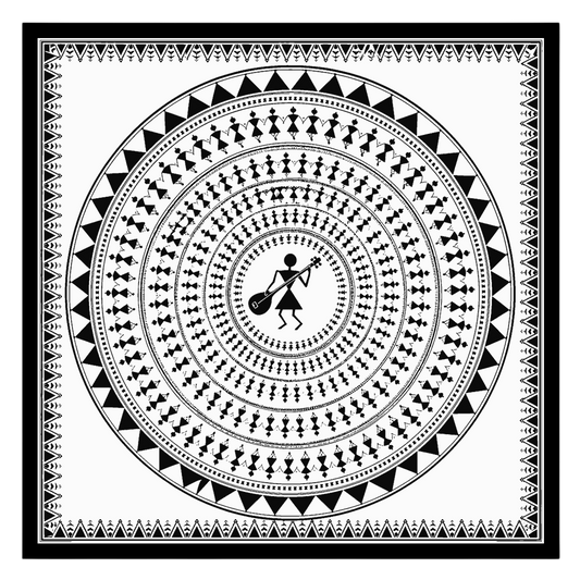 This captivating Warli art print features a central figure with a musical instrument, encircled by for decor