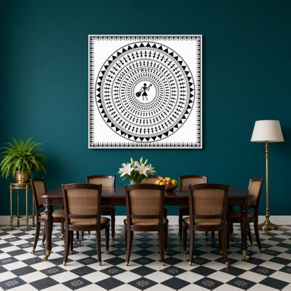 This captivating Warli art print features a central figure with a musical instrument, encircled by for Dining