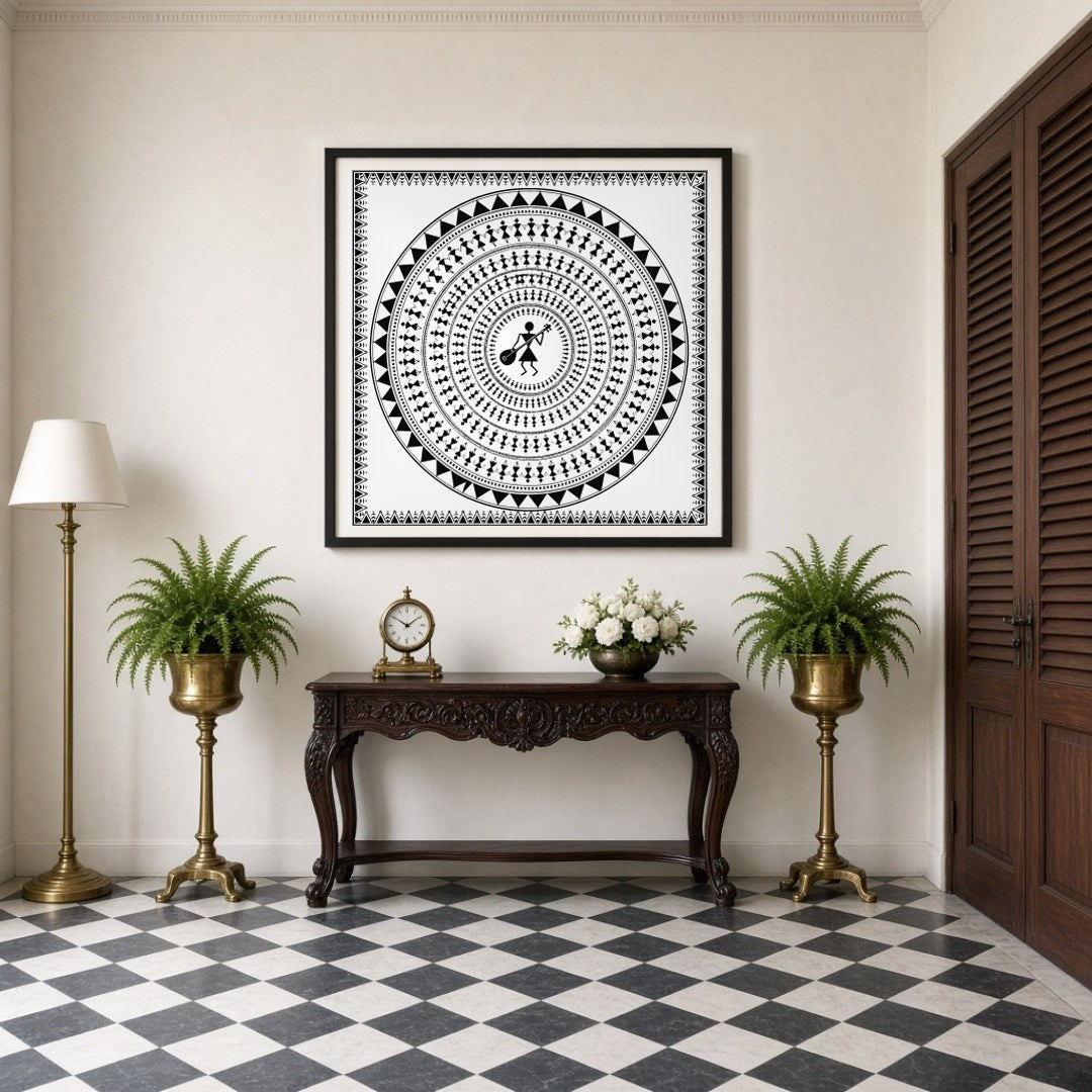 This captivating Warli art print features a central figure with a musical instrument, encircled by for Entrance