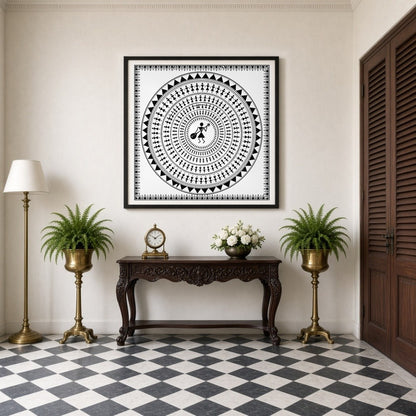 This captivating Warli art print features a central figure with a musical instrument, encircled by for Entrance