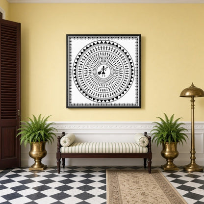 This captivating Warli art print features a central figure with a musical instrument, encircled by for Hallway