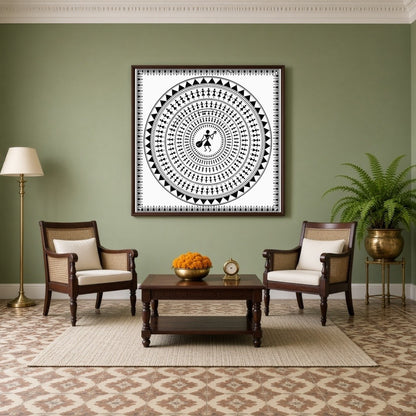 This captivating Warli art print features a central figure with a musical instrument, encircled by for Living Room