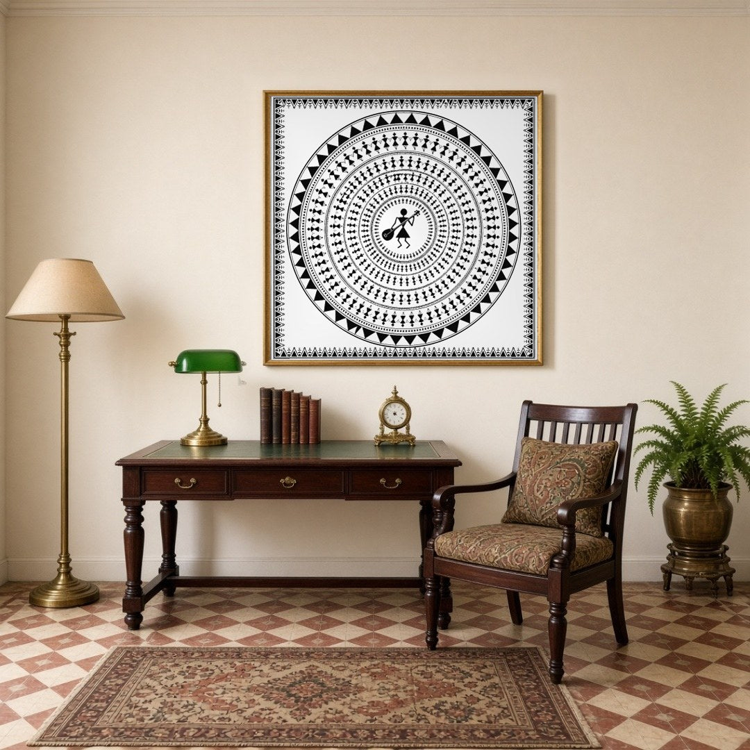 This captivating Warli art print features a central figure with a musical instrument, encircled by for Study
