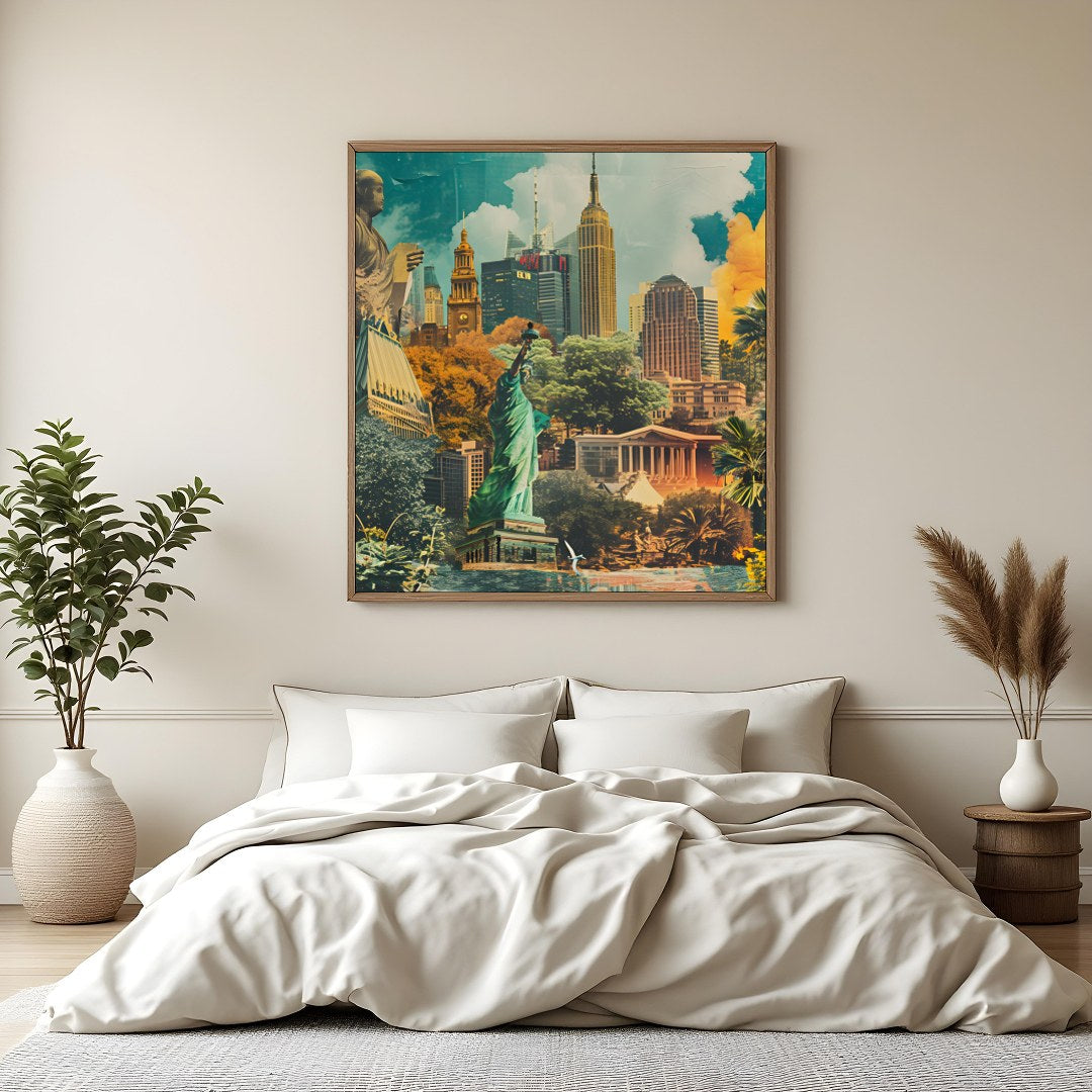 Experience the mesmerizing blend of nature and architecture in this cityscape collage. The dynamic for Bedroom