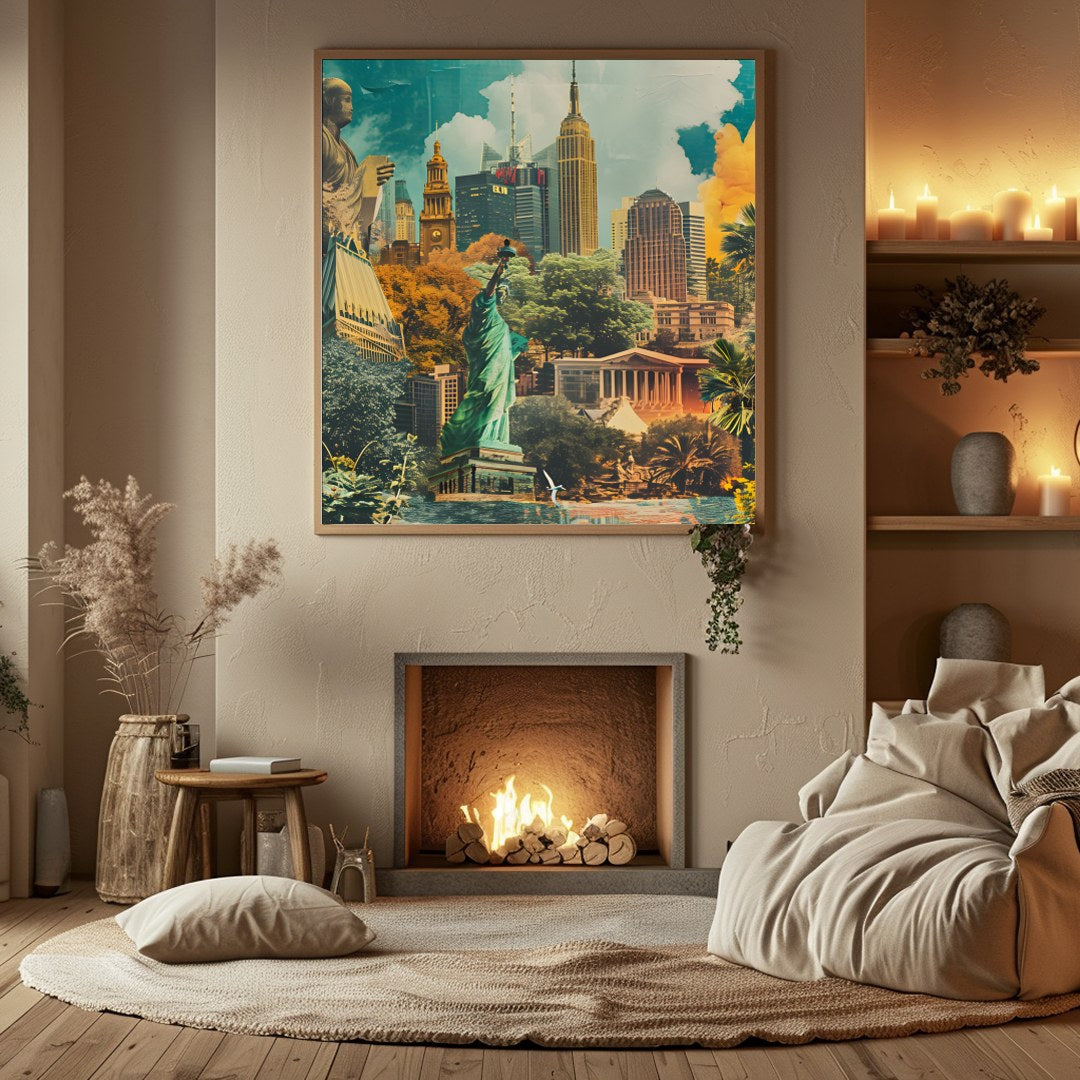 Experience the mesmerizing blend of nature and architecture in this cityscape collage. The dynamic for Hall