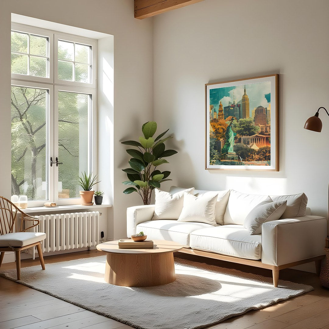 Experience the mesmerizing blend of nature and architecture in this cityscape collage. The dynamic for Living Room
