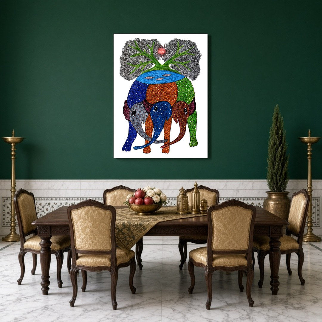 Discover the vibrant symphony of nature with this exquisite Gond artwork, depicting majestic for Dining