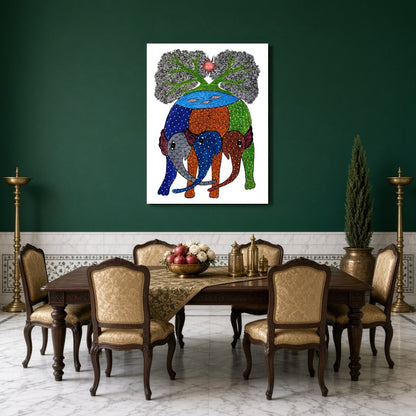 Discover the vibrant symphony of nature with this exquisite Gond artwork, depicting majestic for Dining