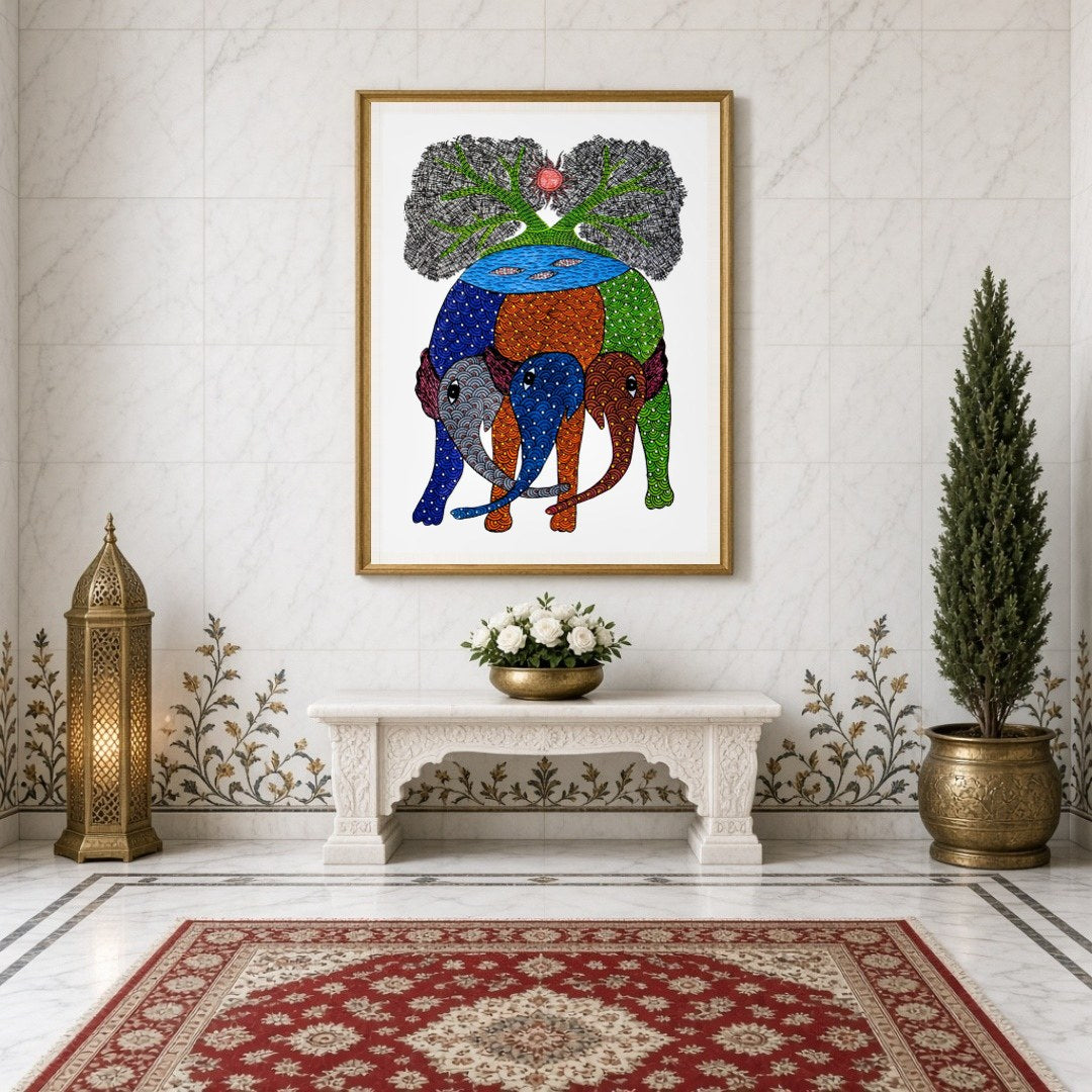 Discover the vibrant symphony of nature with this exquisite Gond artwork, depicting majestic for Entrance
