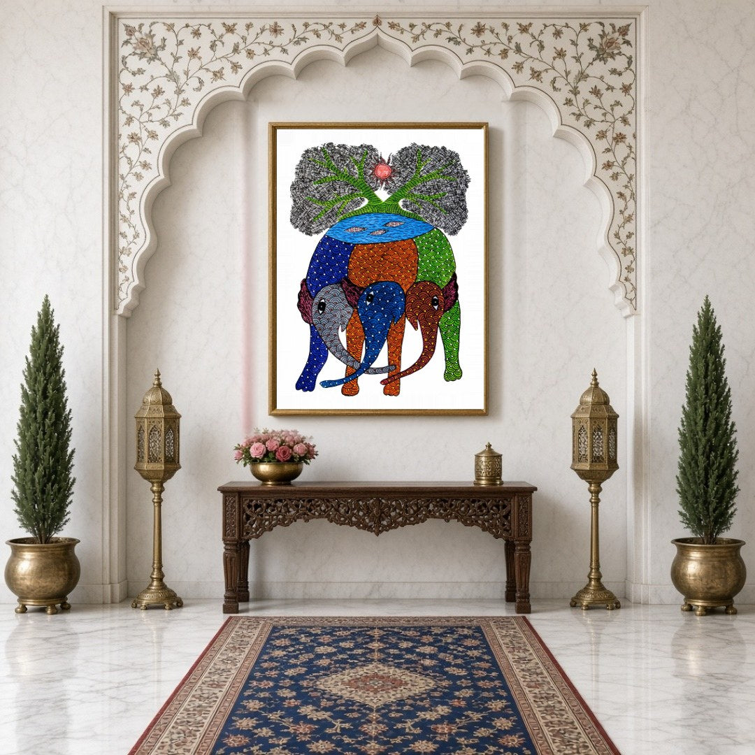 Discover the vibrant symphony of nature with this exquisite Gond artwork, depicting majestic for Hallway