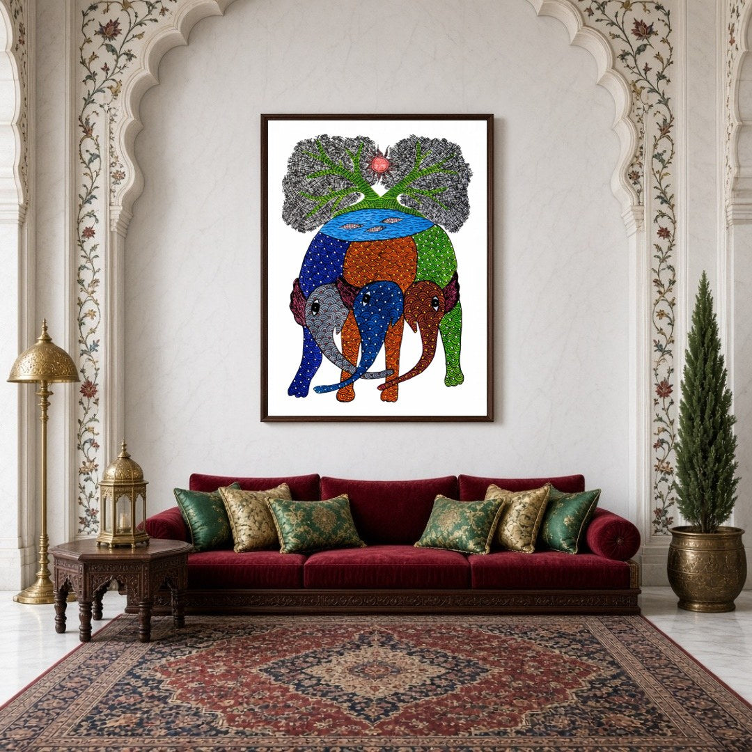 Discover the vibrant symphony of nature with this exquisite Gond artwork, depicting majestic for Living Room