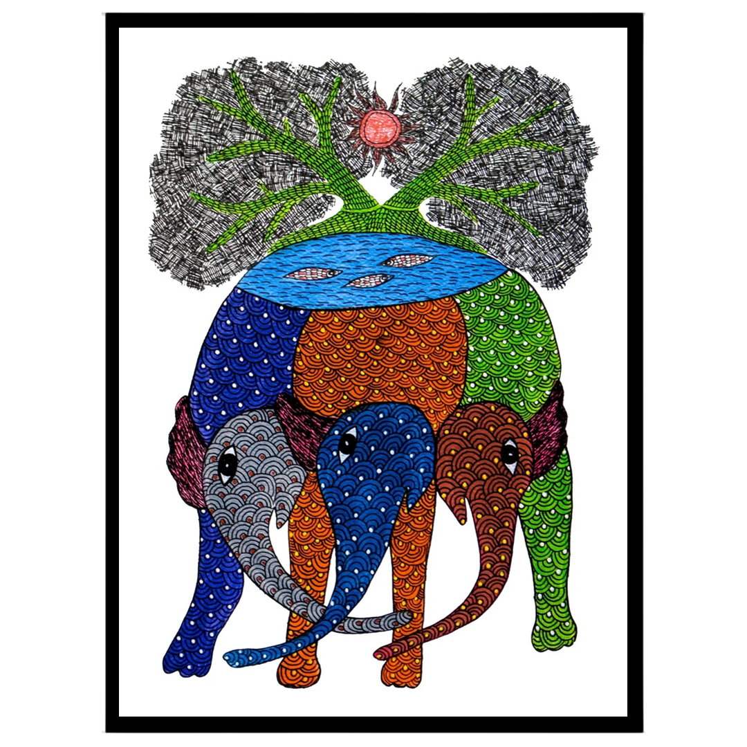 Discover the vibrant symphony of nature with this exquisite Gond artwork, depicting majestic for sanctuary