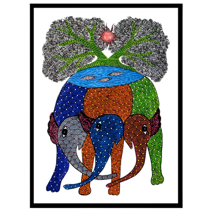 Discover the vibrant symphony of nature with this exquisite Gond artwork, depicting majestic for sanctuary