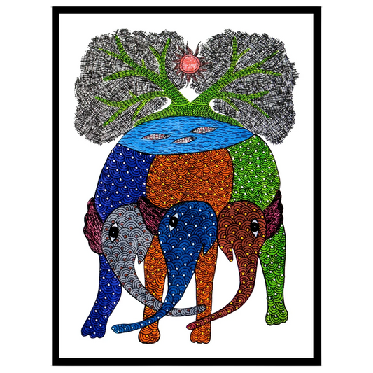 Discover the vibrant symphony of nature with this exquisite Gond artwork, depicting majestic for sanctuary