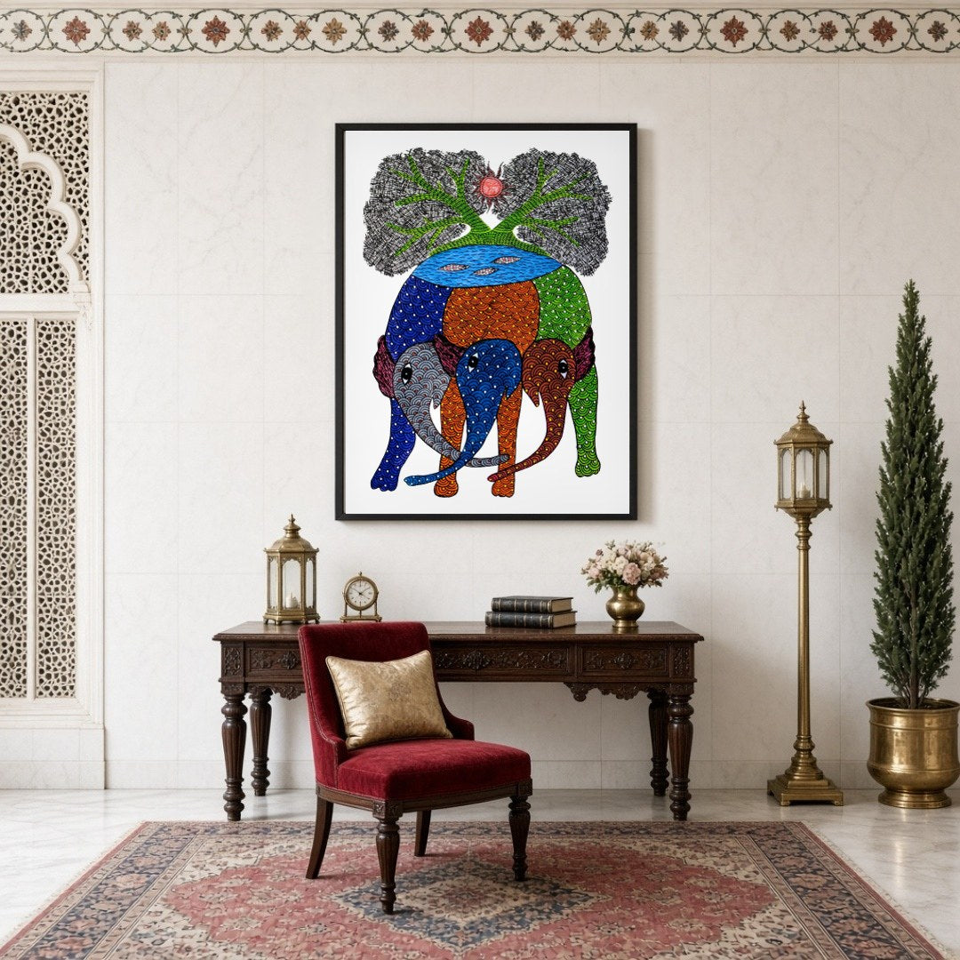 Discover the vibrant symphony of nature with this exquisite Gond artwork, depicting majestic for Study