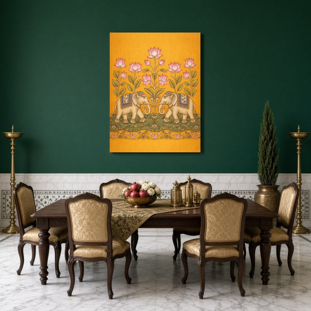 This exquisite Kalamkari art print showcases a pair of majestic elephants gracefully adorned with for Dining