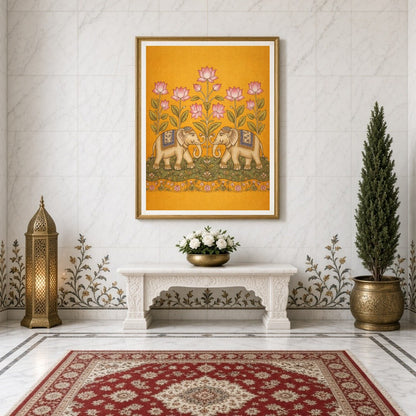 This exquisite Kalamkari art print showcases a pair of majestic elephants gracefully adorned with for Entrance