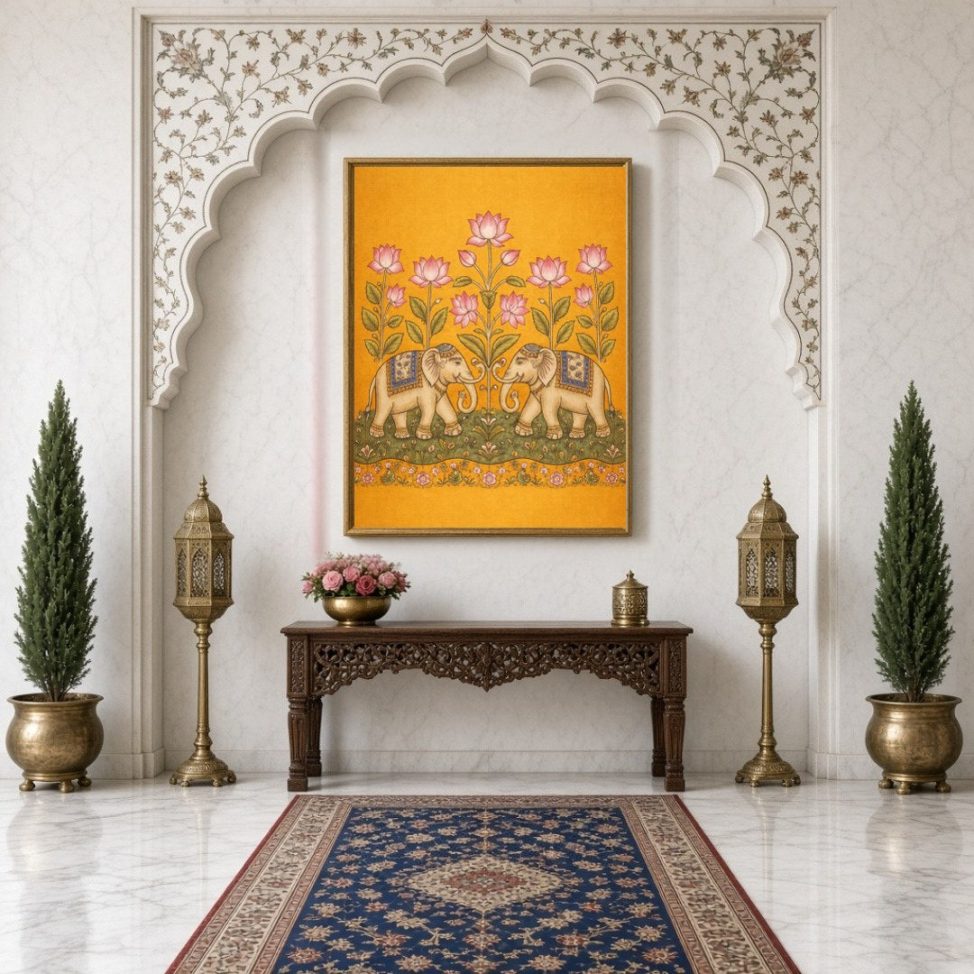 This exquisite Kalamkari art print showcases a pair of majestic elephants gracefully adorned with for Hallway
