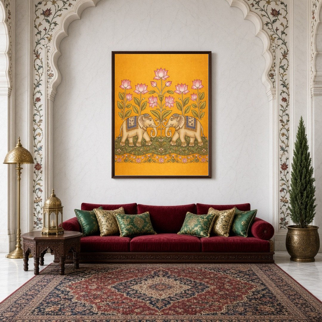 This exquisite Kalamkari art print showcases a pair of majestic elephants gracefully adorned with for Living Room