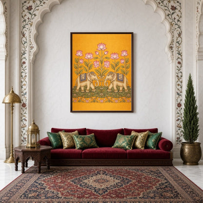 This exquisite Kalamkari art print showcases a pair of majestic elephants gracefully adorned with for Living Room