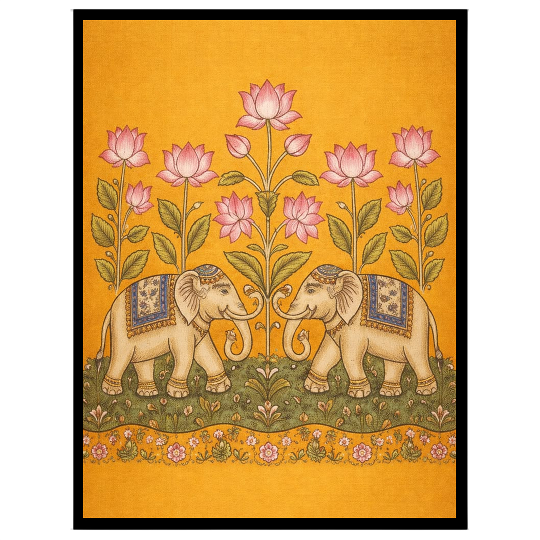 This exquisite Kalamkari art print showcases a pair of majestic elephants gracefully adorned with for sanctuary