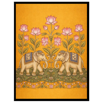 This exquisite Kalamkari art print showcases a pair of majestic elephants gracefully adorned with for sanctuary