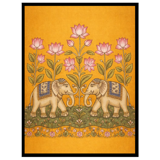 This exquisite Kalamkari art print showcases a pair of majestic elephants gracefully adorned with for sanctuary