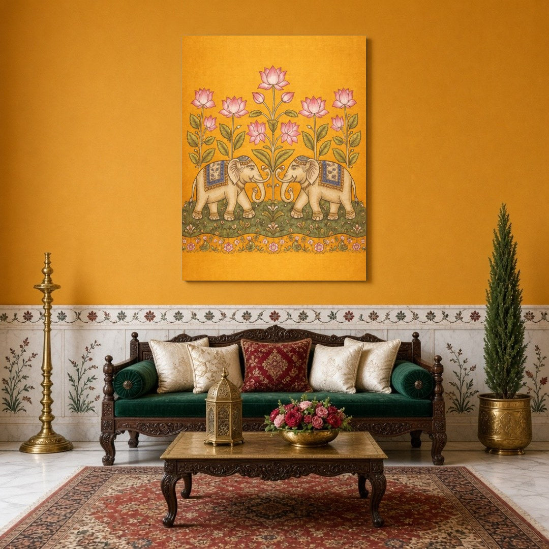 This exquisite Kalamkari art print showcases a pair of majestic elephants gracefully adorned with for Sitting Area