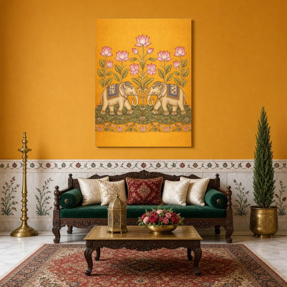 This exquisite Kalamkari art print showcases a pair of majestic elephants gracefully adorned with for Sitting Area