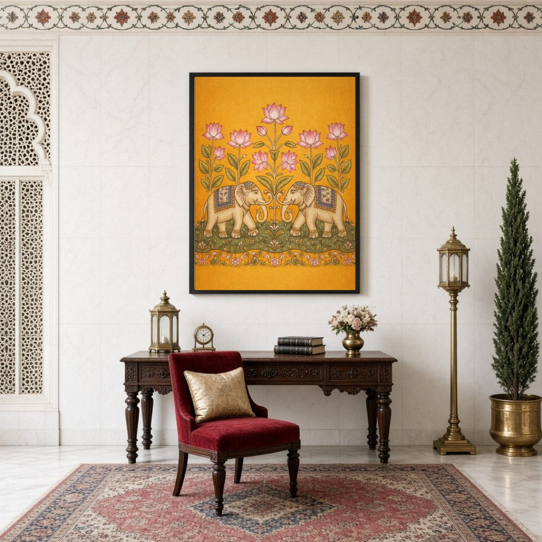 This exquisite Kalamkari art print showcases a pair of majestic elephants gracefully adorned with for Study