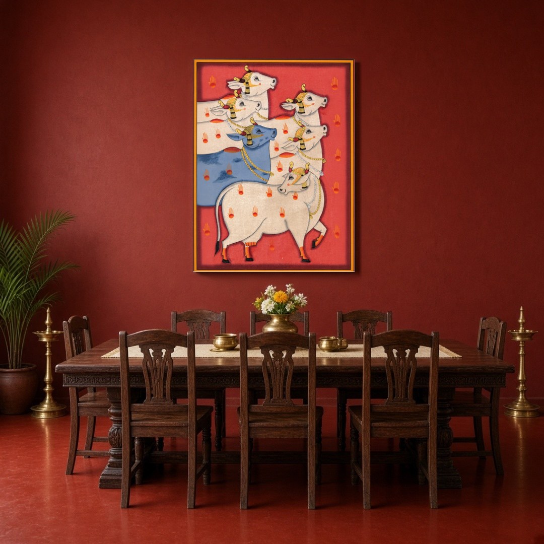 Immerse yourself in the vibrant world of Pichwai art with this captivating portrayal of Kamdhenu for Dining