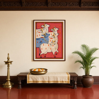 Immerse yourself in the vibrant world of Pichwai art with this captivating portrayal of Kamdhenu for Entrance