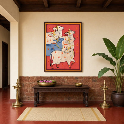 Immerse yourself in the vibrant world of Pichwai art with this captivating portrayal of Kamdhenu for Hallway
