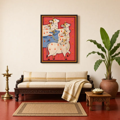 Immerse yourself in the vibrant world of Pichwai art with this captivating portrayal of Kamdhenu for Living Room