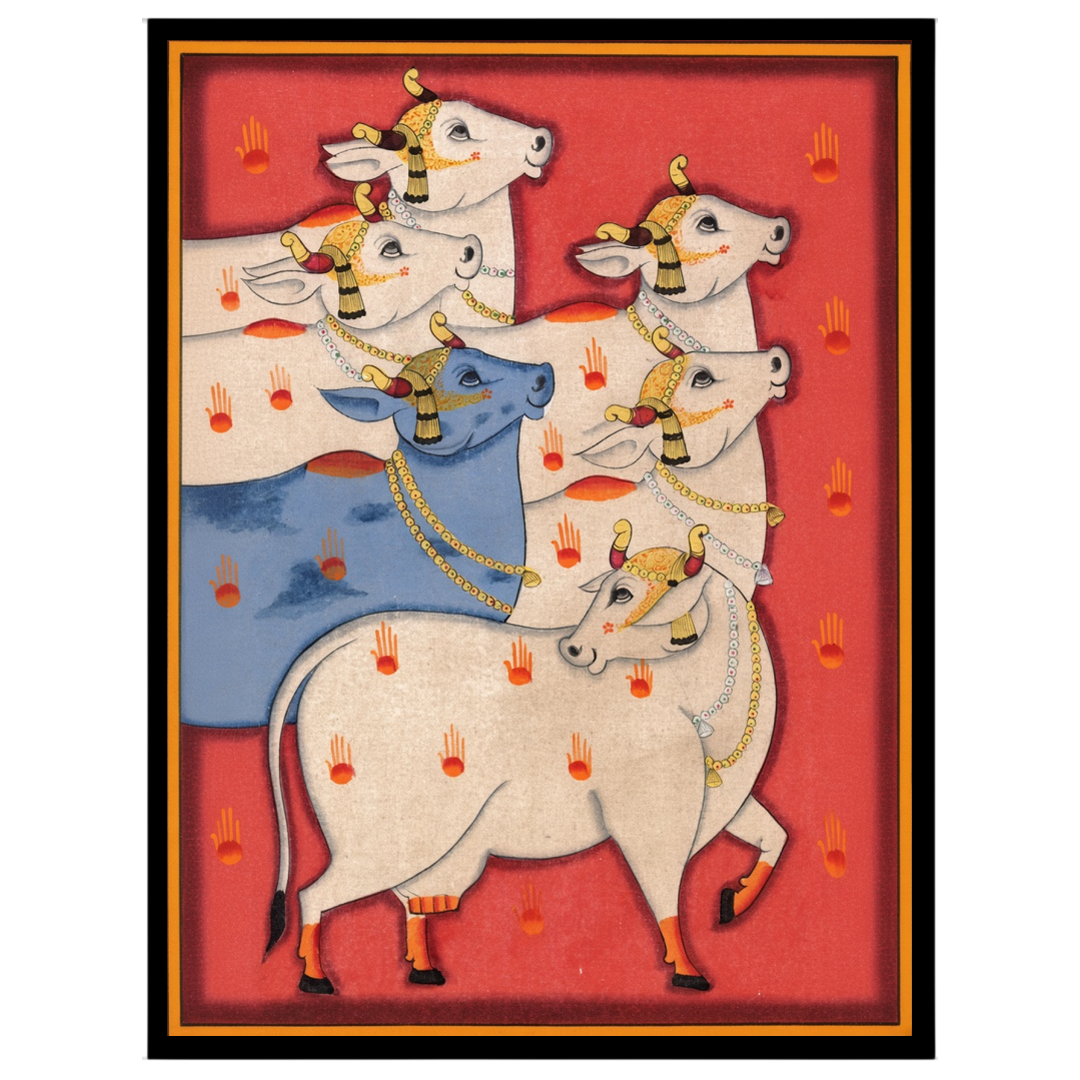 Immerse yourself in the vibrant world of Pichwai art with this captivating portrayal of Kamdhenu for place