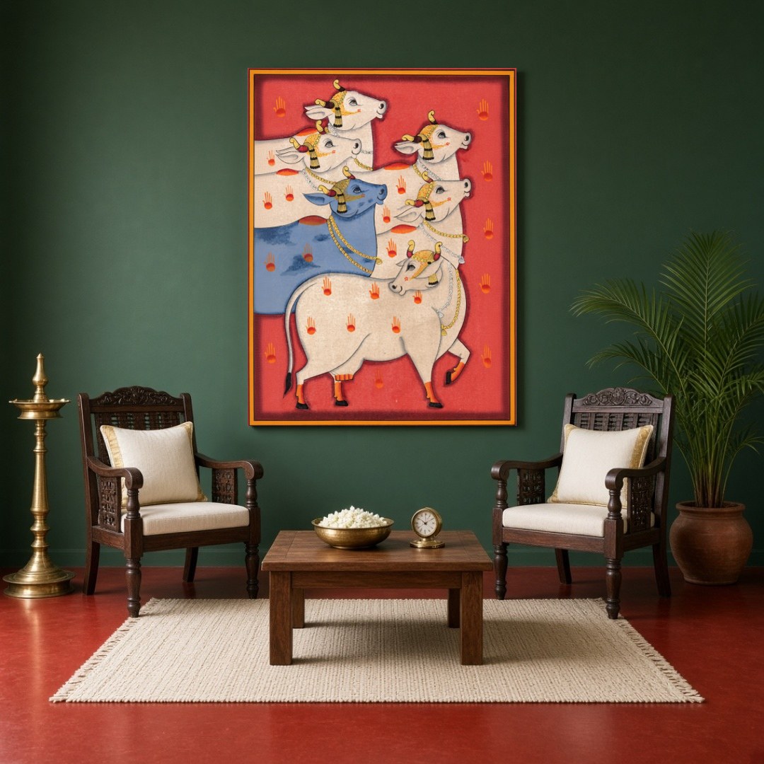 Immerse yourself in the vibrant world of Pichwai art with this captivating portrayal of Kamdhenu for Sitting Area