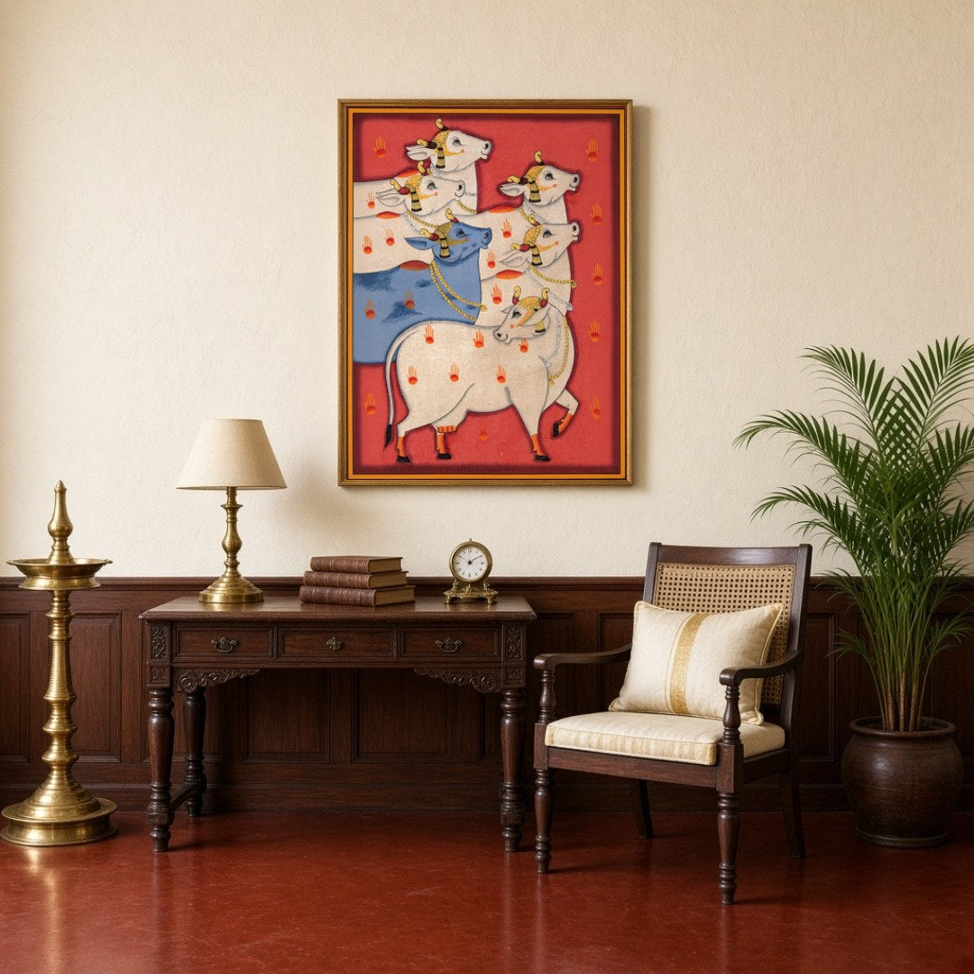 Immerse yourself in the vibrant world of Pichwai art with this captivating portrayal of Kamdhenu for Study