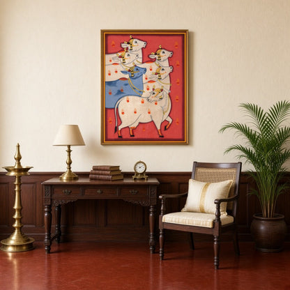 Immerse yourself in the vibrant world of Pichwai art with this captivating portrayal of Kamdhenu for Study