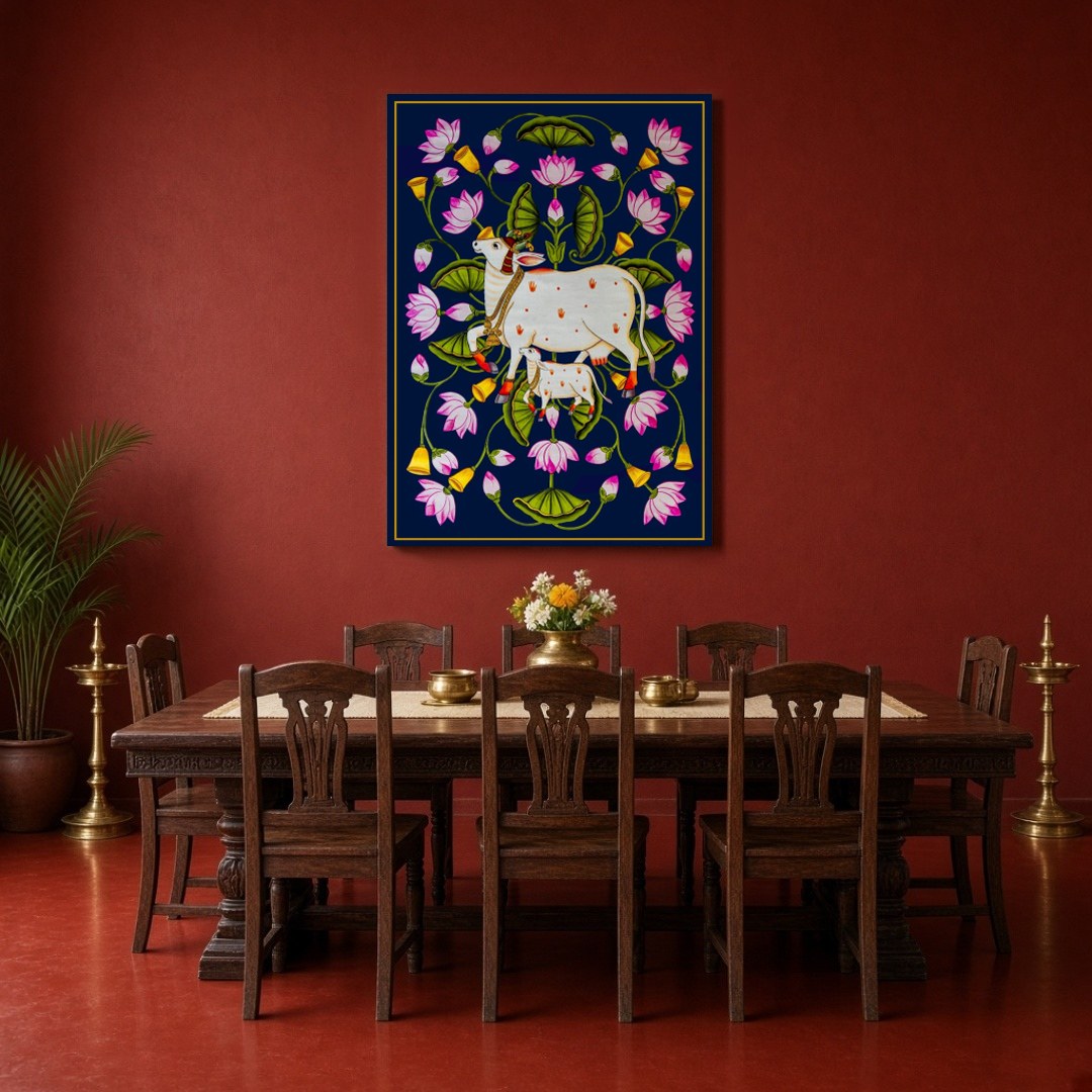 This exquisite Pichwai art piece captures the serene grace of Kamdhenu and her calf amidst a for Dining