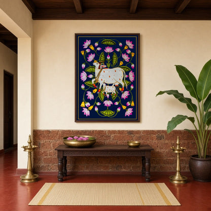 This exquisite Pichwai art piece captures the serene grace of Kamdhenu and her calf amidst a for Hallway